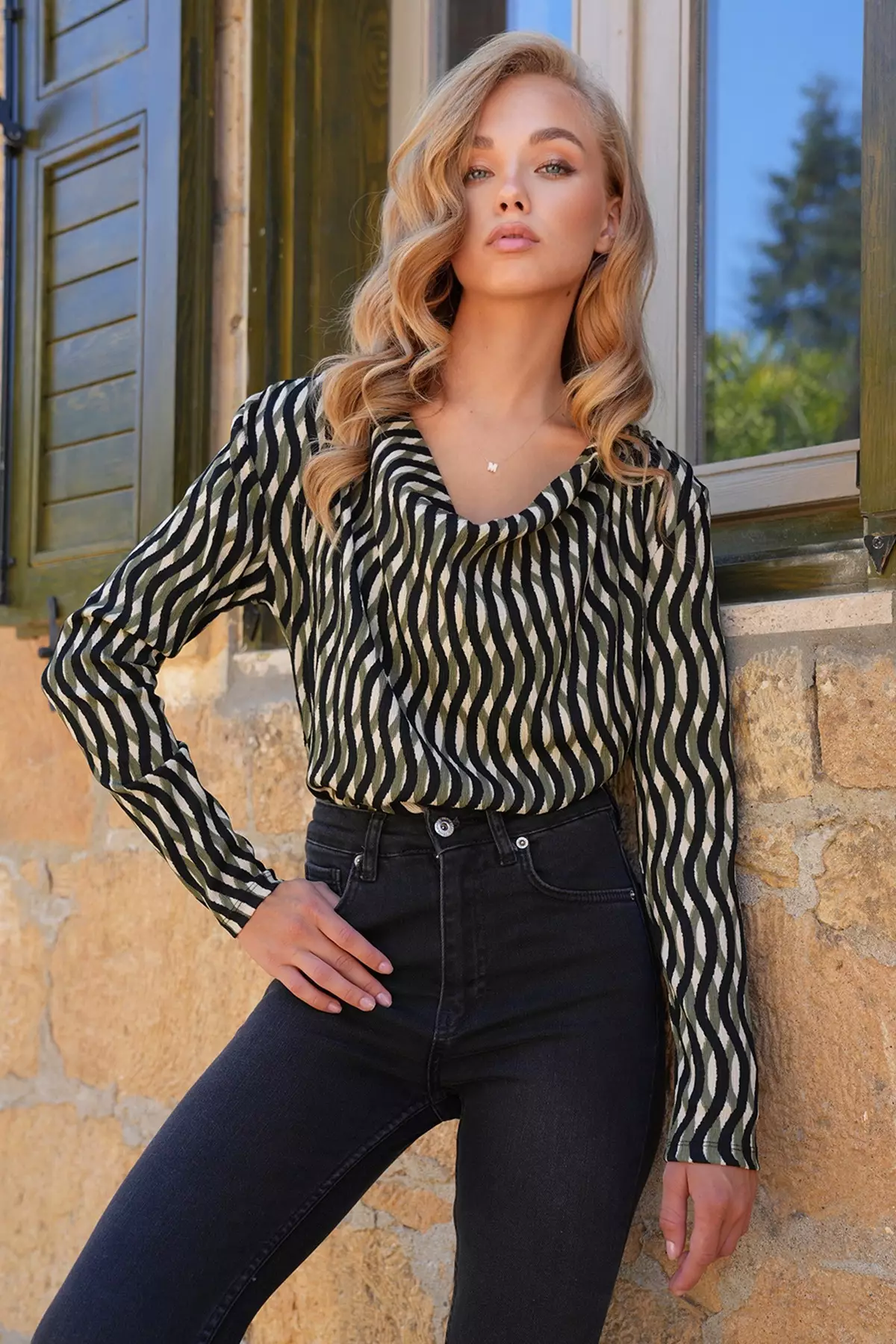 Women's Green-Black Cowl Neck Draped Shoulders Basic Blouse Alc-X14374