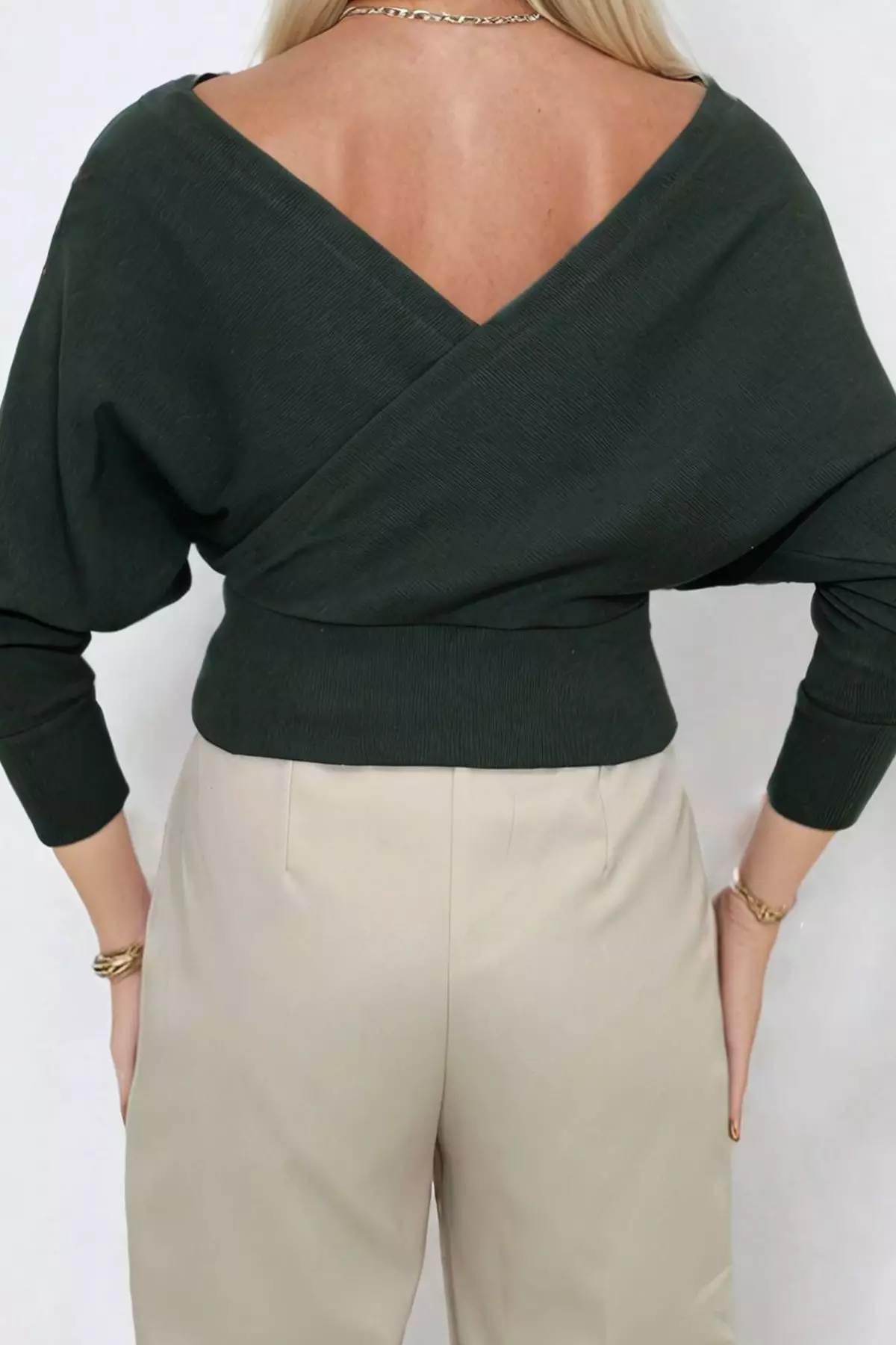 Women's Khaki Front Back V Neck Double Breasted Blouse