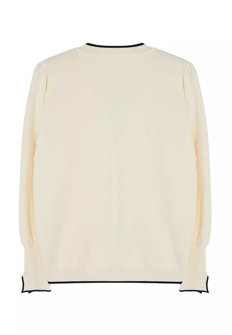 Cream Gold Button Detailed Striped Knitted Cardigan Tbbaw24Av00014