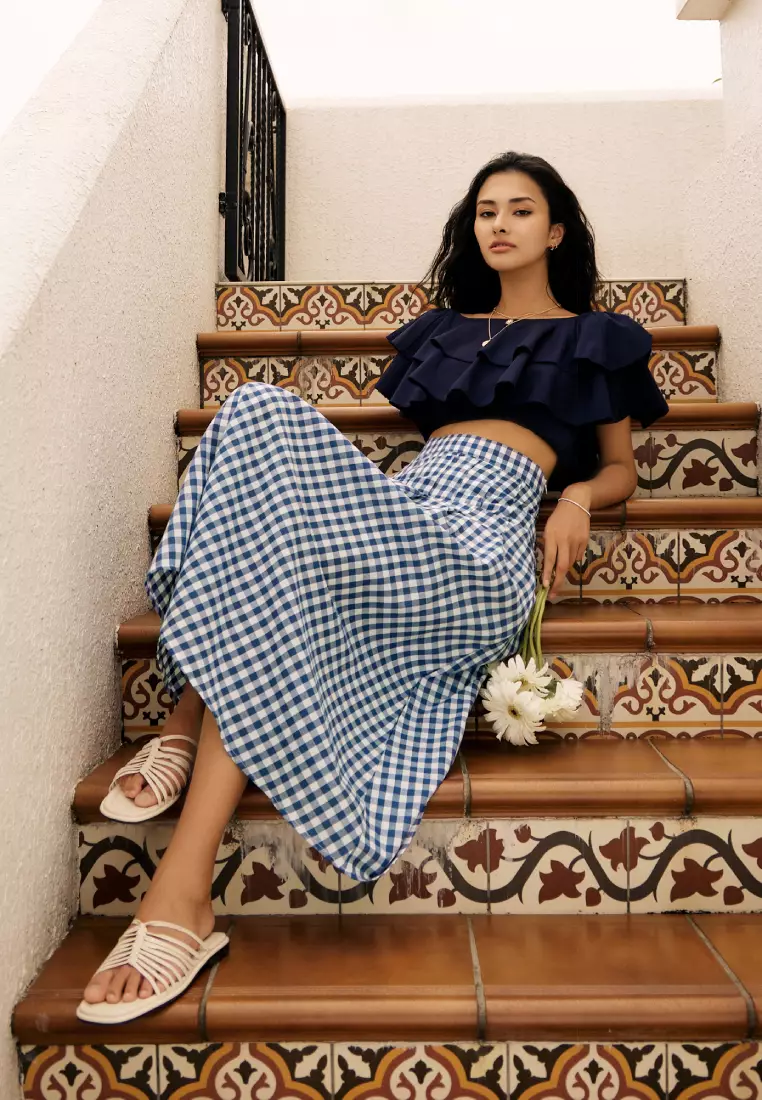 Buy OBSTYLE Xixi Selection．Pure cotton plaid pleated high waist long  circular skirt《CA2737》 Online