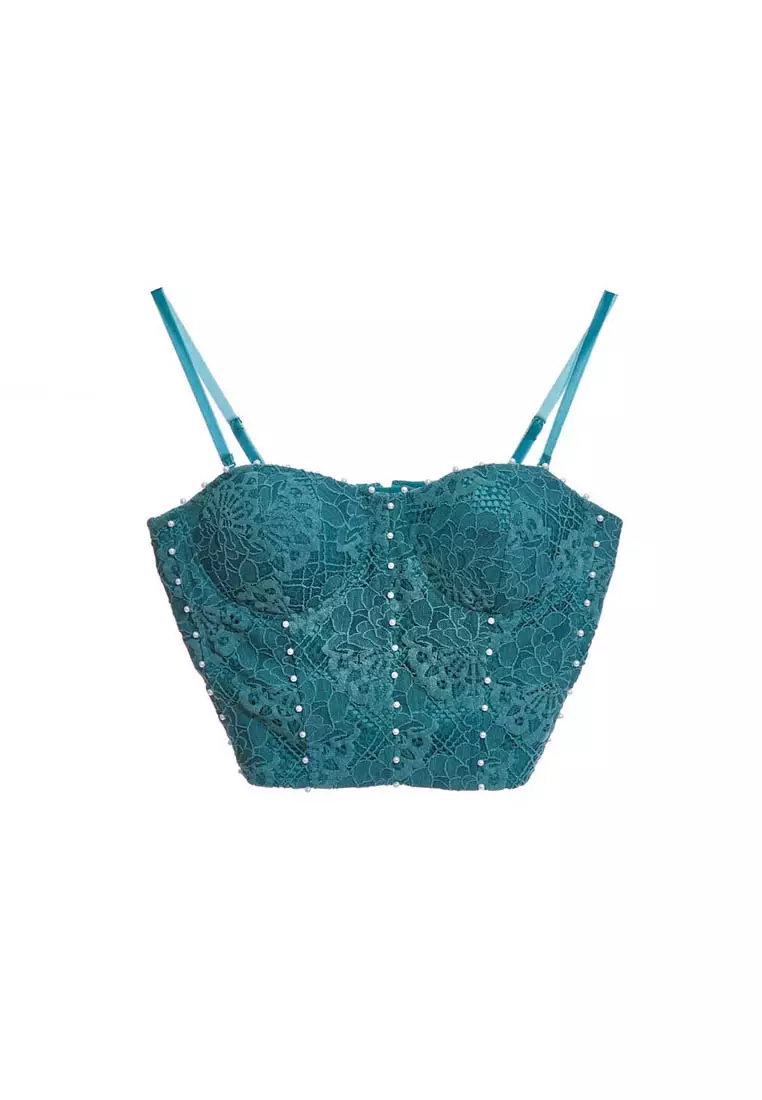 Teal Green Lace Corset Crop Tank Top