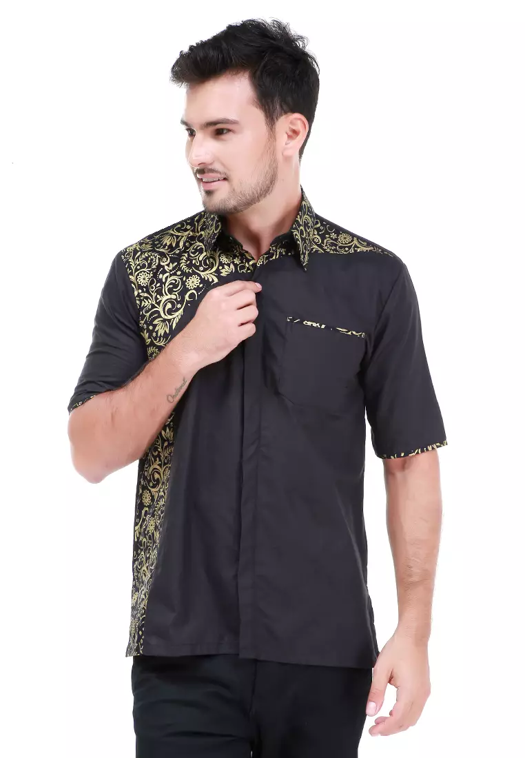 Dwan Kemeja Batik Pria Right Side Atasan Formal Shortsleeve Shirt Material Cotton ORIGINAL - Black