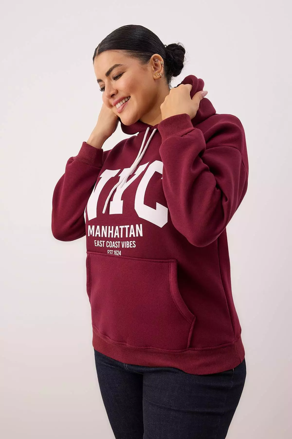 Burgundy College Themed Hooded Fleece Inside Oversized Sweatshirt Tbbaw26Ao00042