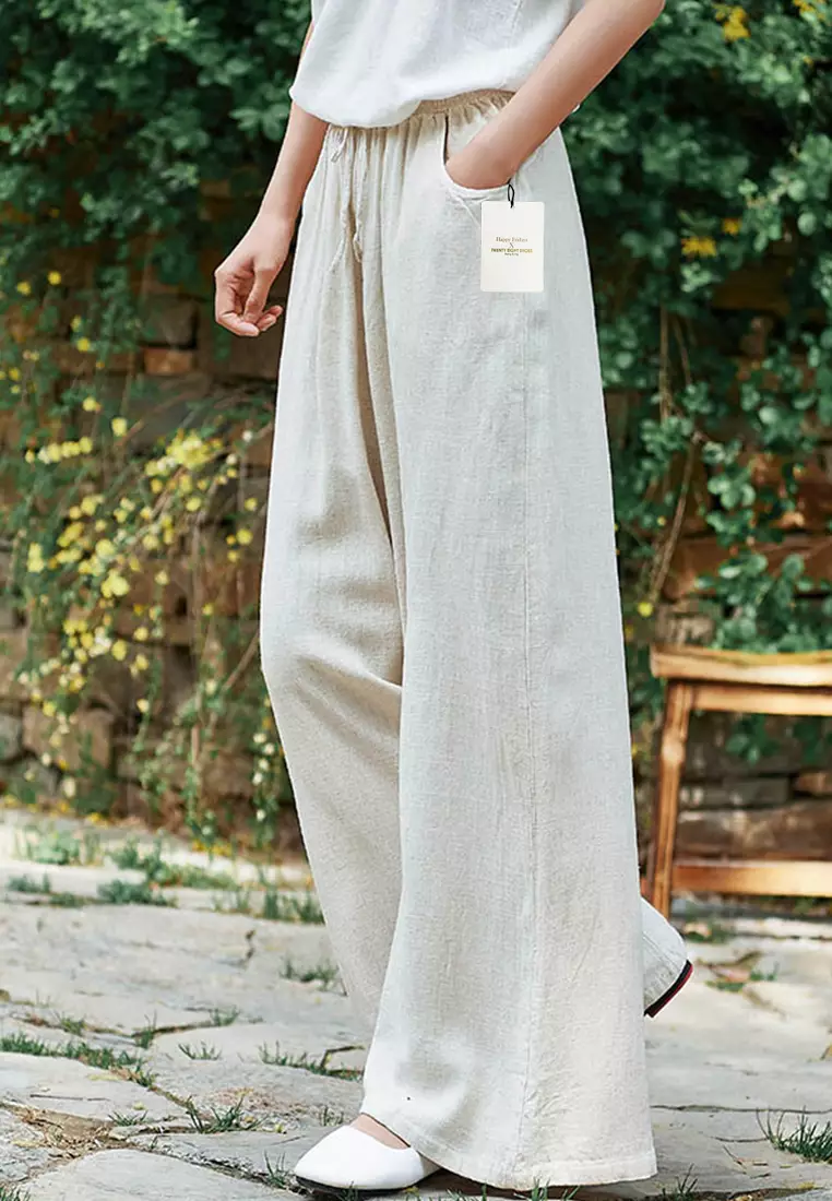 Drawstring Waist Linen Wide-leg Pants BXF2363