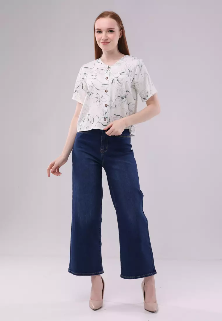 Printed Cotton Slub Woven Short Sleeves Blouse