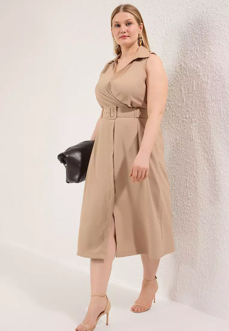 Beige Belted Summer Woven Plus Size Dress Tbbss25Ah00198
