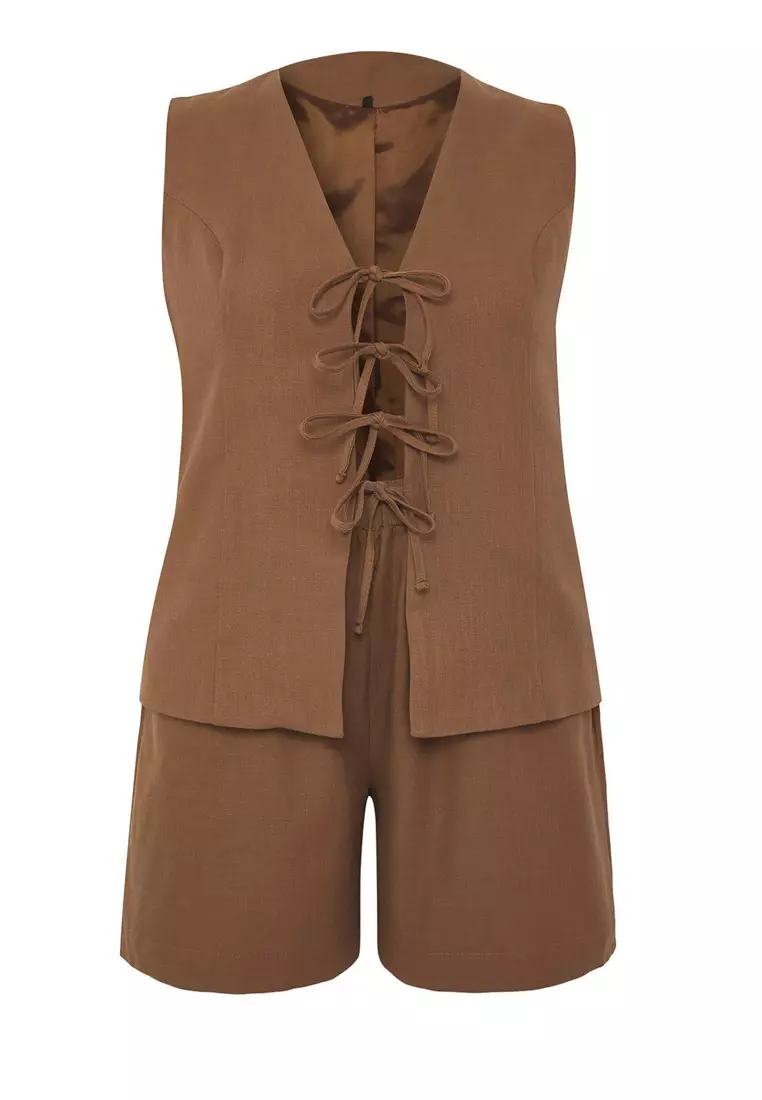 Brown Lace-Up Woven Plus Size Blouse & Shorts Bottom - Top Set Tbbss25Cp00028