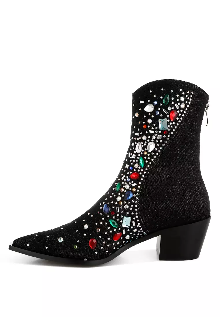 Multi Color Stones Embellished Boots in Black