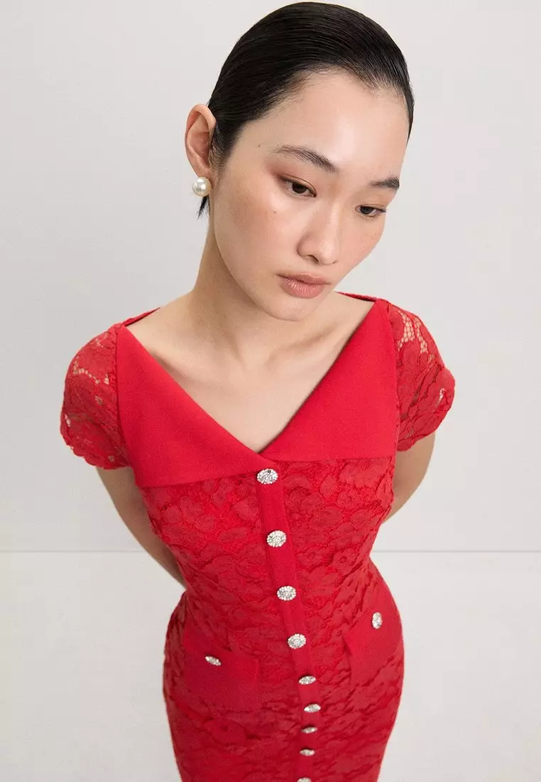 Lace Button-Up Midi Dress - Red
