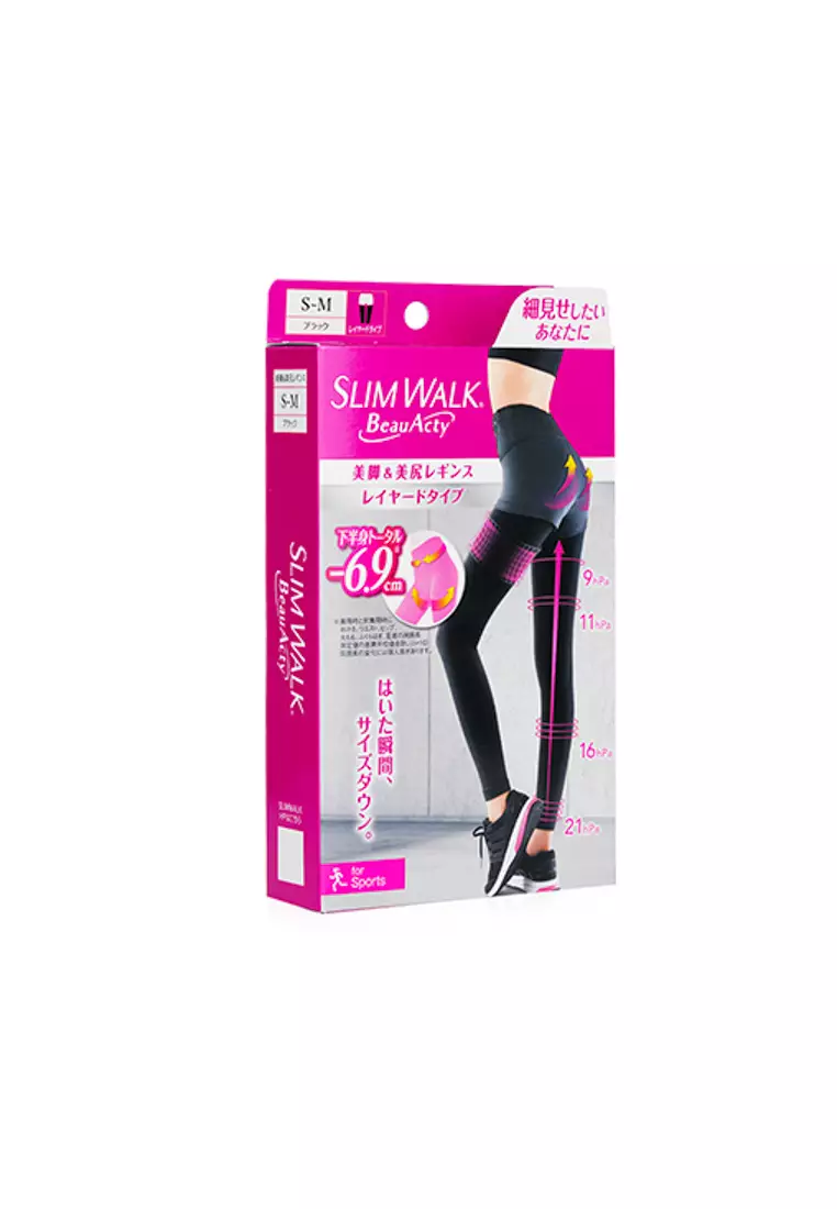 SLIMWALK - Compression Leggings for Sports (Sweat-Absorbent, Quick-Drying) - # Black (Size: S-M) 1pair