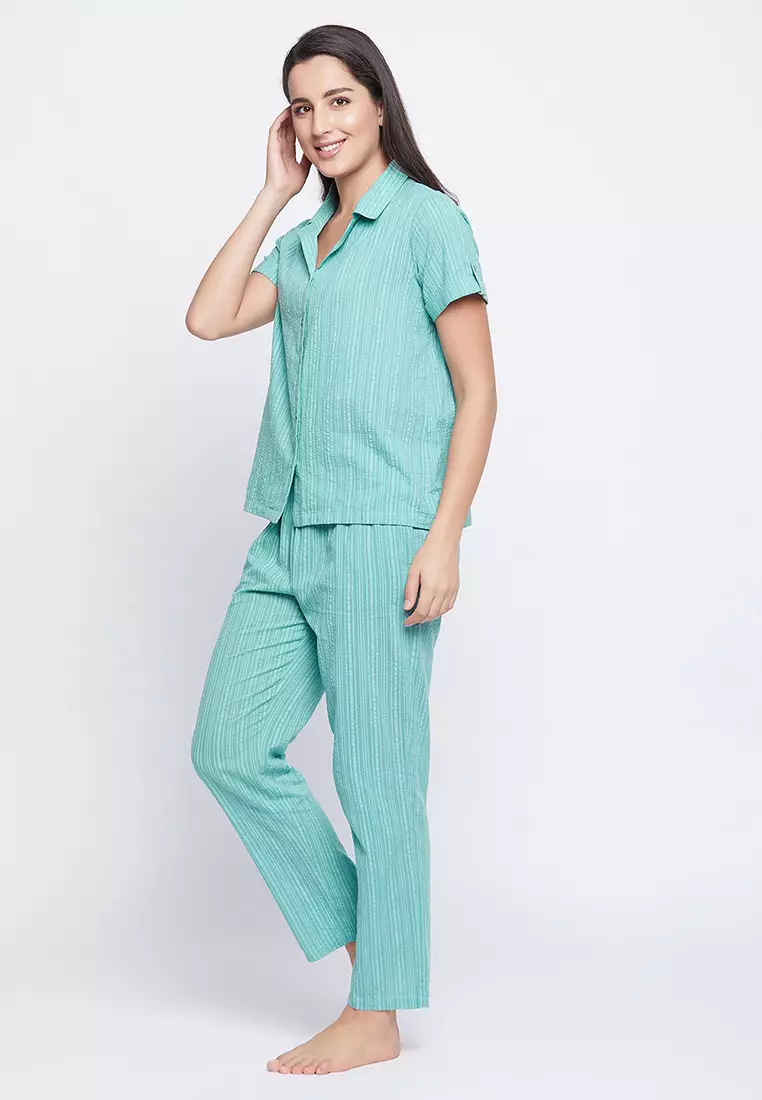Clovia Sassy Stripes Button Down Shirt & Pyjama in Cyan Blue - Cotton