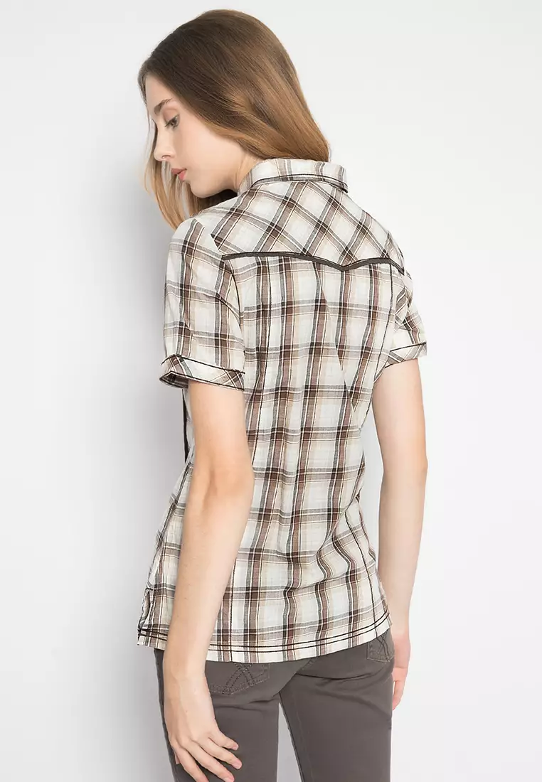 LGS - Kemeja Wanita Lengan Pendek - Full Kancing - Kotak-Kotak - Coklat Muda - LLSH.380.S965.253.7C