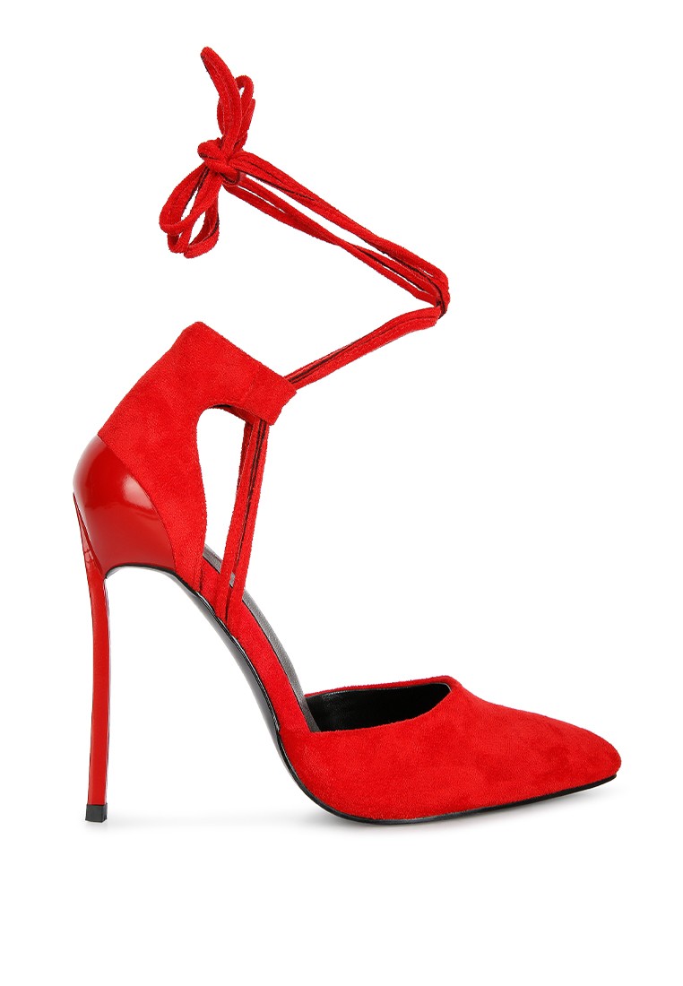 Red Lace Up Stiletto Heel Suede Sandals