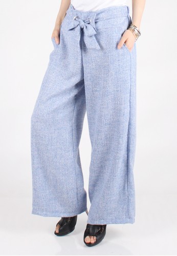 Patterned Linen Bow Waisted Culottes - Blue