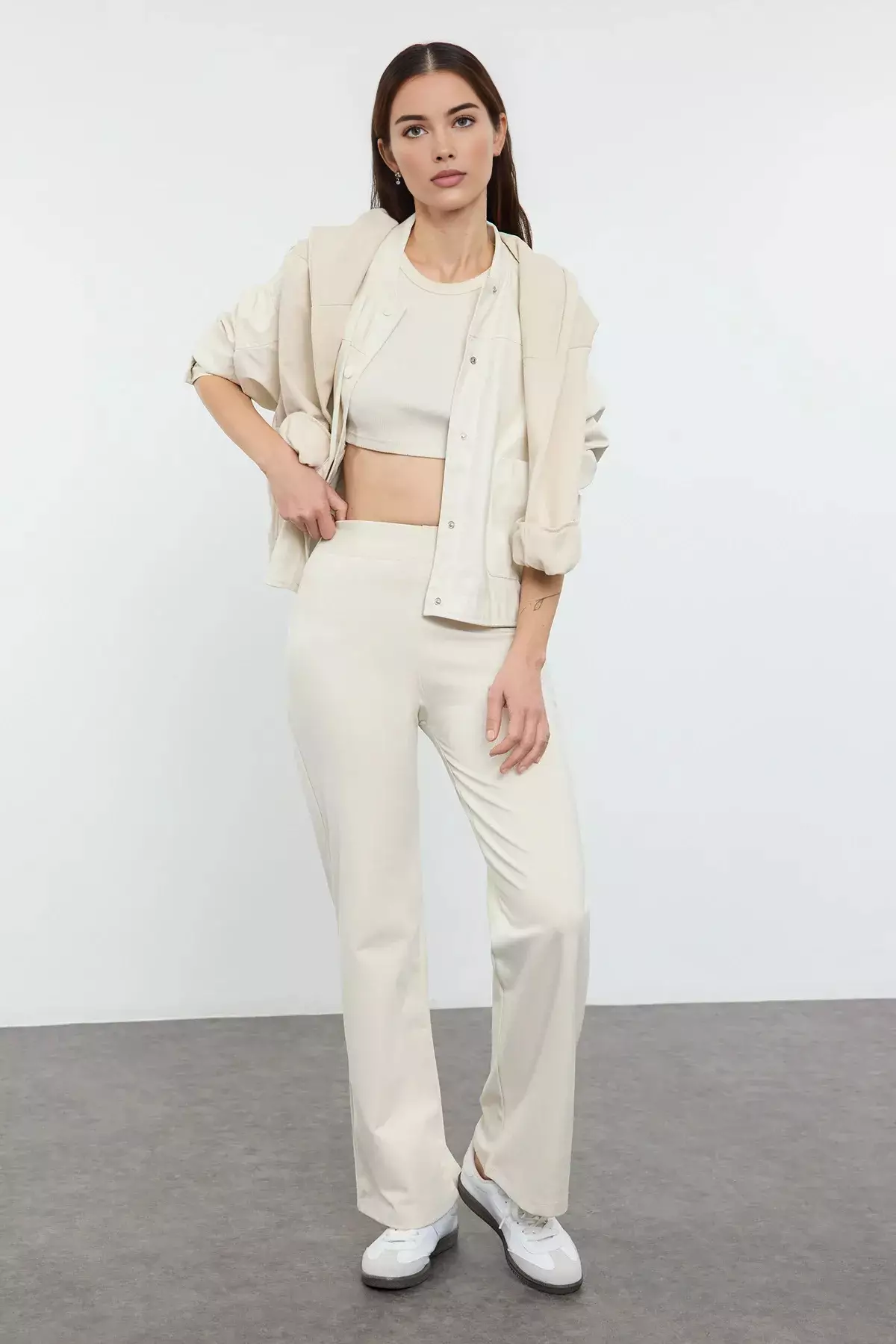 Ecru Warm Winter Diver/Scuba Fabric Knitted Sports Sweatpants With Raised Inside