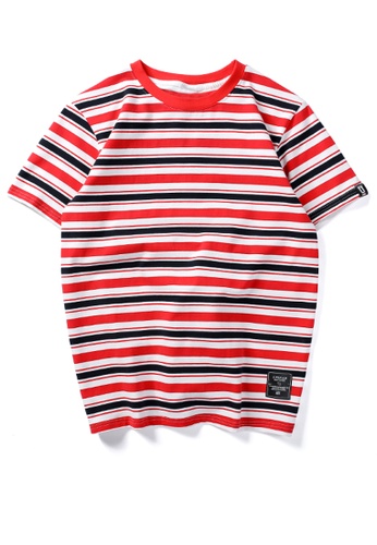 HAPPY FRIDAYS red Loose Contrast Stripe T-shirt UP737 D0E05AAE4D04F7GS_1
