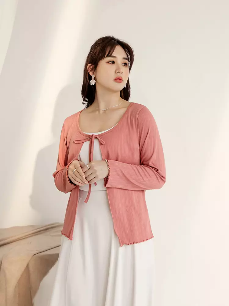 Elastic striped tie-front long-sleeve overlay top [EA3663]