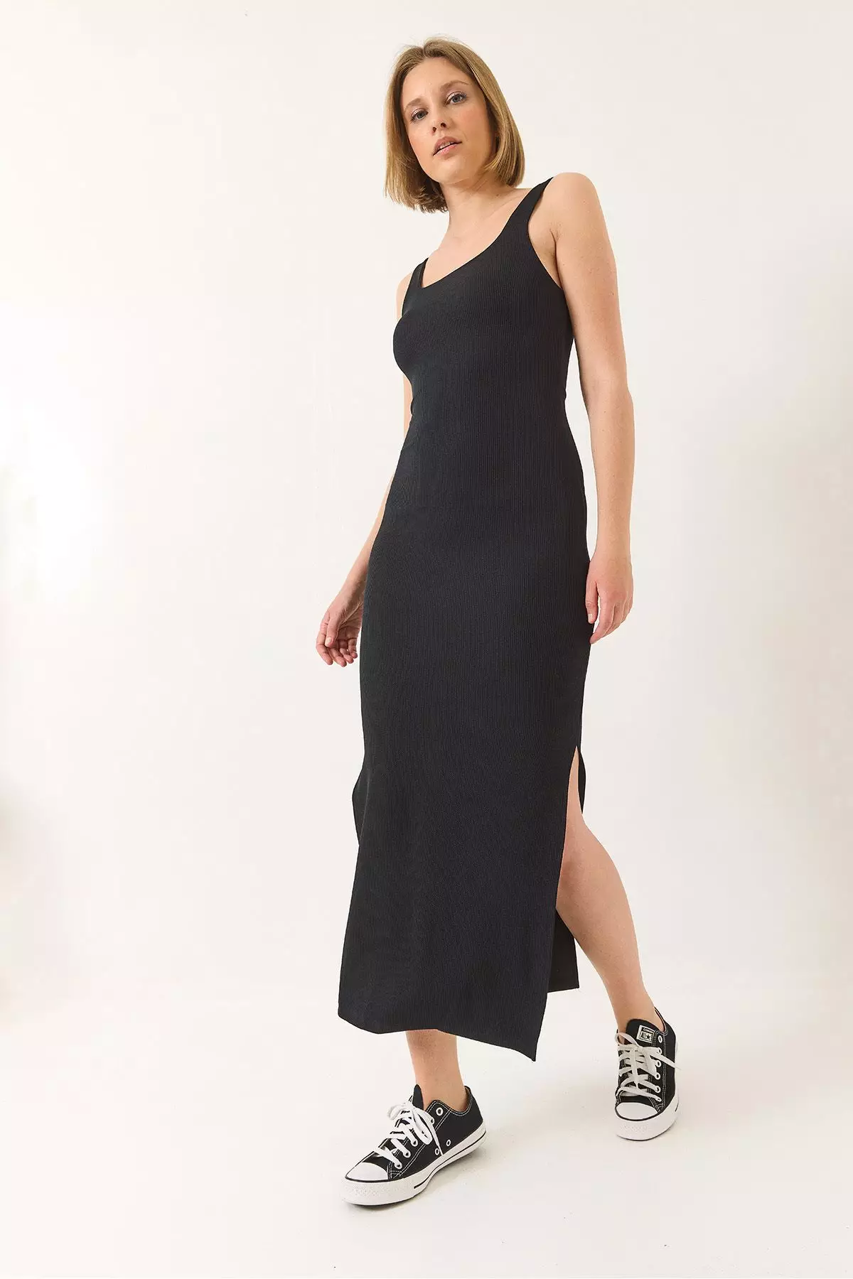 Women's Strappy Square Neck Slit Detailed Ottoman Midi Dress 295 60283176