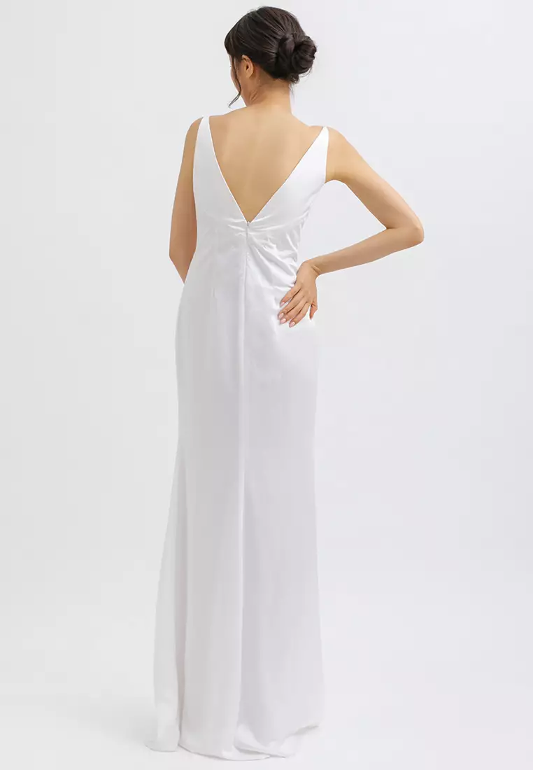 Drapery Neck Backless Maxi Dress in White