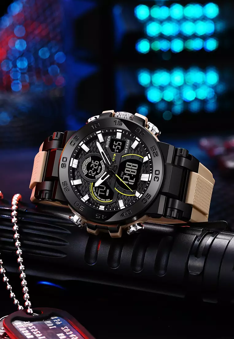 Jam Tangan Pria Original Analog & Digital Multifungsi Olahraga Tali Silikon Anti Air Jam Tangan Cowok Khaki