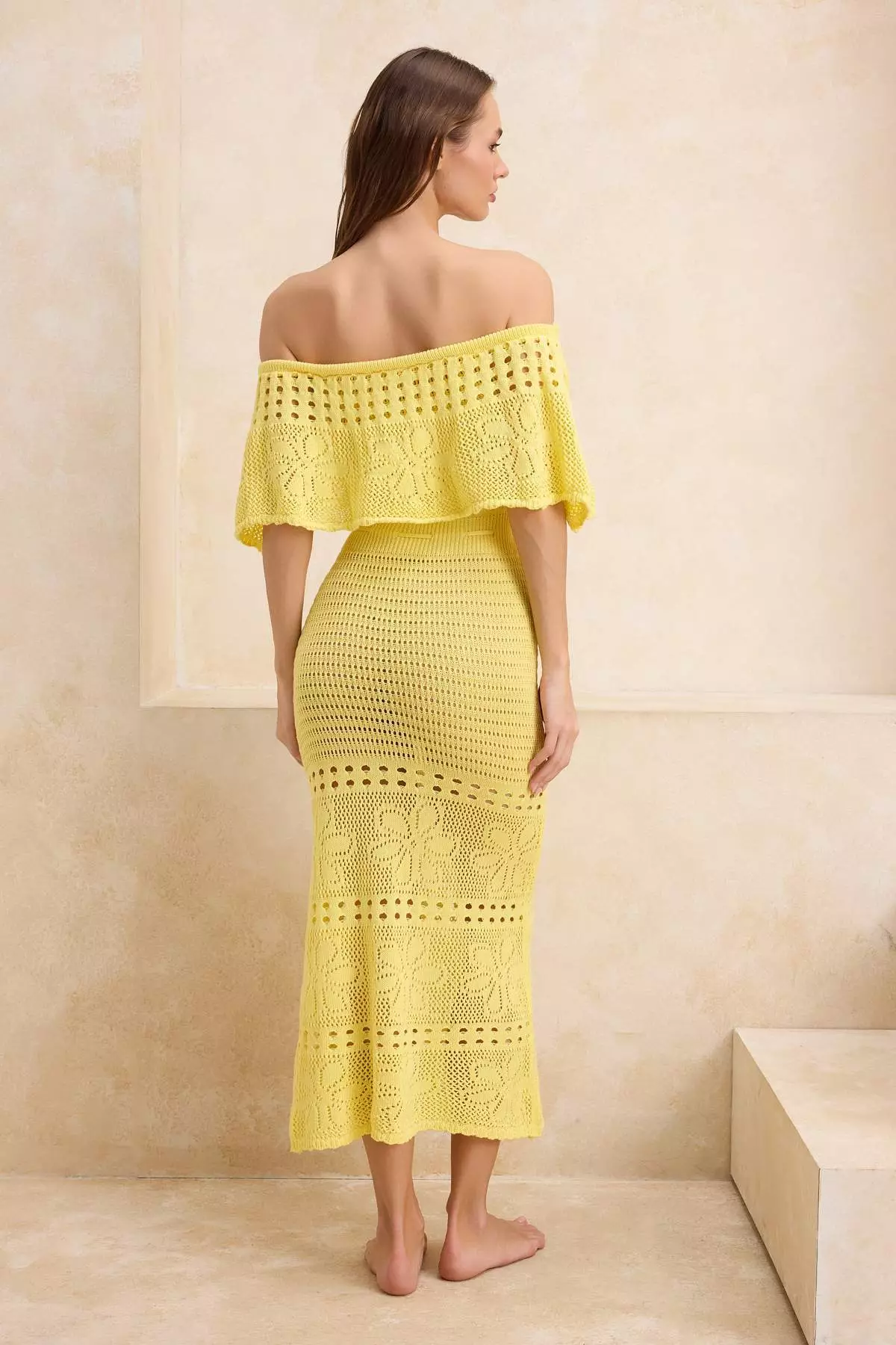 Yellow Knitwear Maxi Carmen Collar Beach Dress Tbess26El38