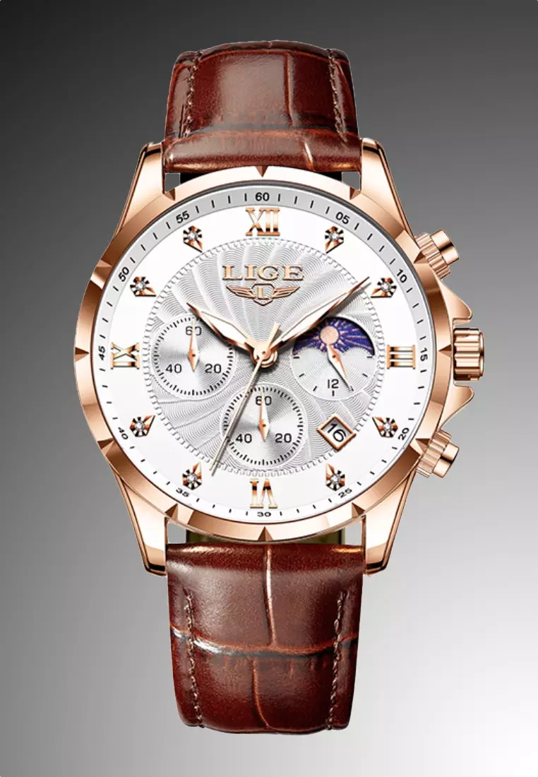 Chronograph Unisex IP Rose Gold color Stainless Steel Quartz Watch, White dial, Brown Leather Strap