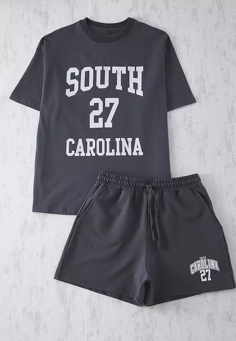 Anthracite Slogan Oversize/Wide Cut Top Short Knitted Top Bottom Set