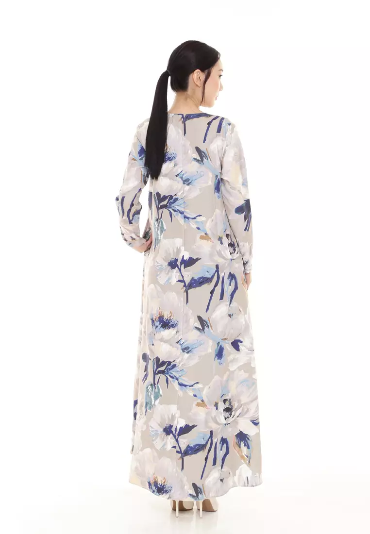 Felicia Printed Dress in Grey Blue