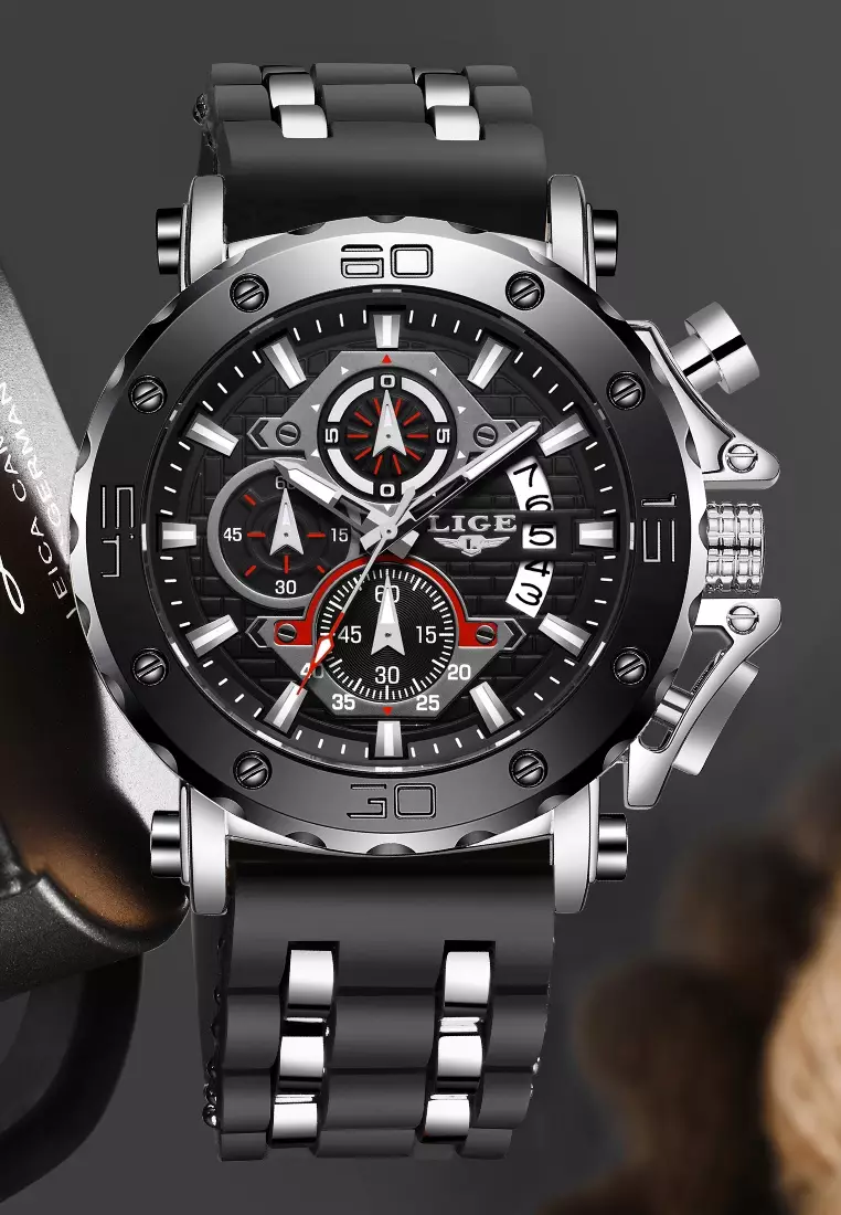 Chronograph Unisex Stainless Steel Quartz Watch, Black Bezel, Black dial, Rubber and Metal Strap