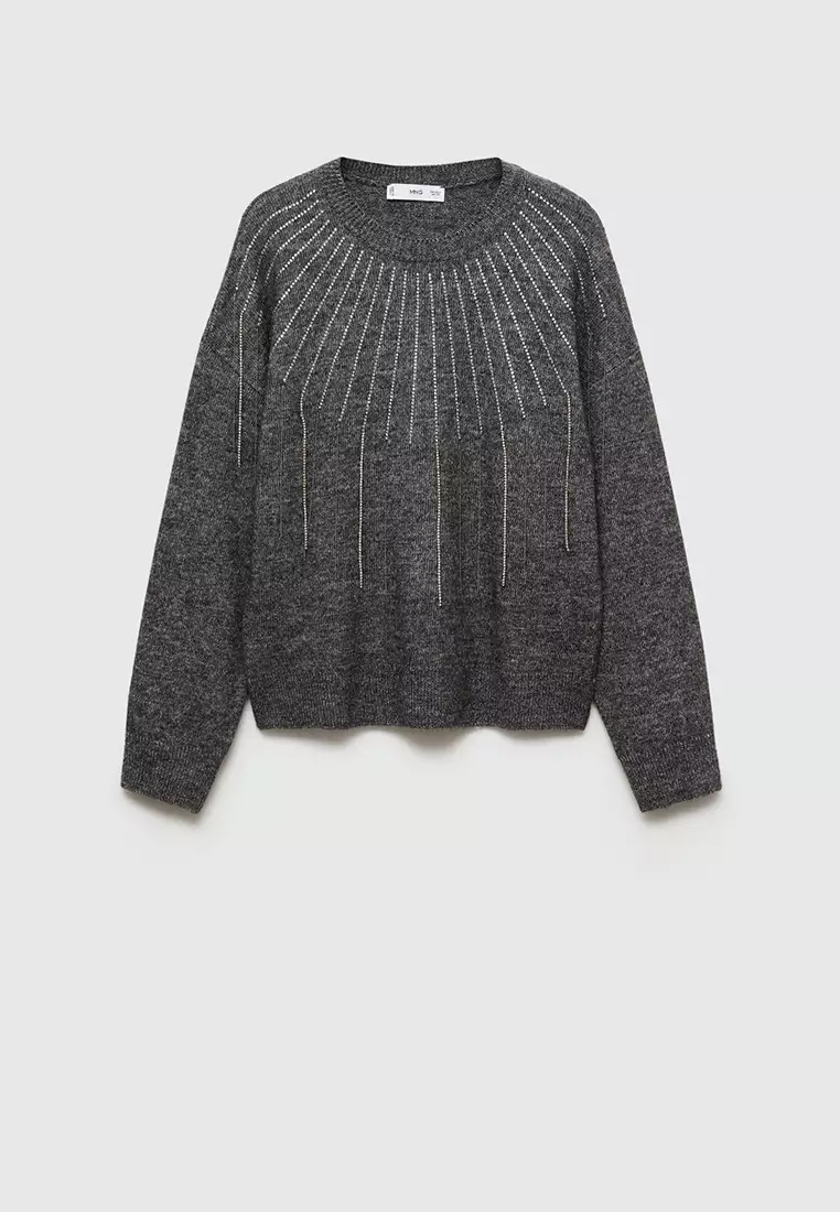 Fringe Zara Grey Cropped Jumper ZARA Grey Soft Wide Sleeve Rhinestones  Fringe Jersey Crop Knit Jumper EUR S