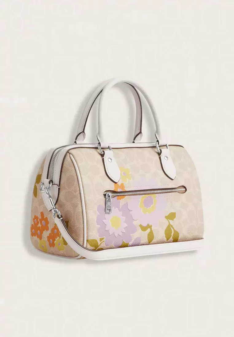 Coach Rowan Satchel Bag In Signature Canvas With Floral Print Sand Multi