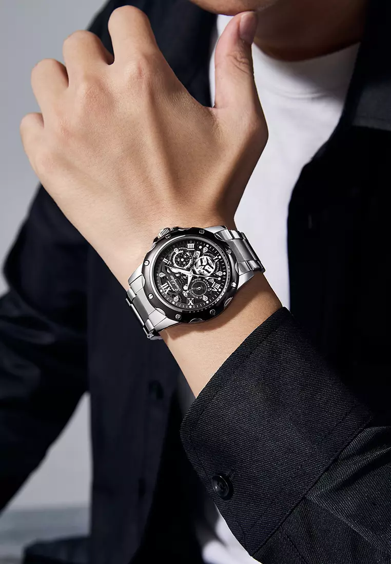 Jam Tangan Pria Kuarsa Luminous Tanggal Kasual Tali Stainless Steel Jam Tangan Cowok 8080 Silverblack