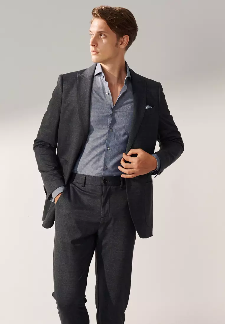 Gray-blue Check Slim Stretch Jersey Blazer