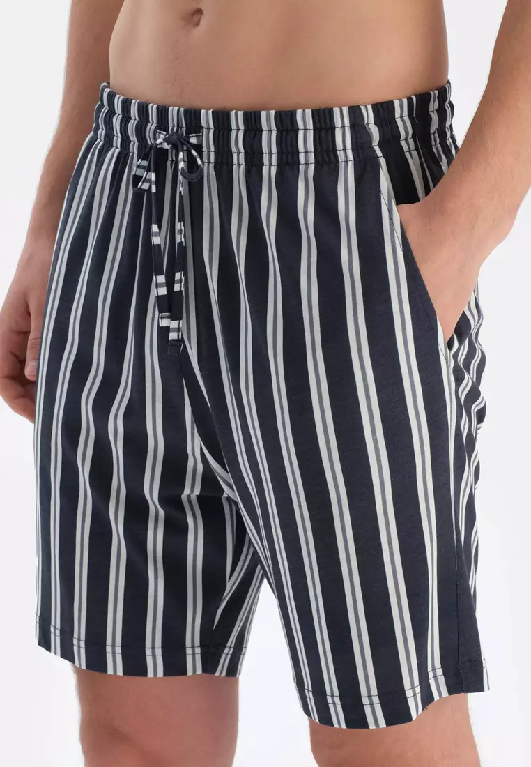 Multicolor Shirt & Shorts Knitwear Set, Striped, Shirt Collar, Regular, Short Leg, Short Sleeve Sleepwear for Men