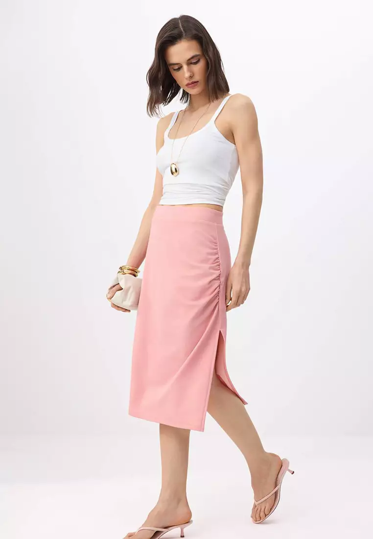 Pink Straight Pencil Slit Normal Waist Midi Scuba Crepe Knitted Skirt Twoss26Et15