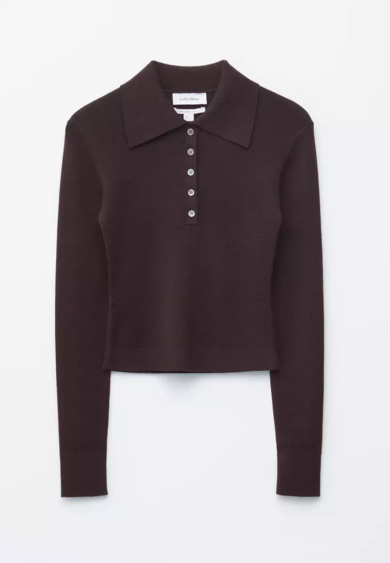 Rib-Knit Merino Wool Polo Top