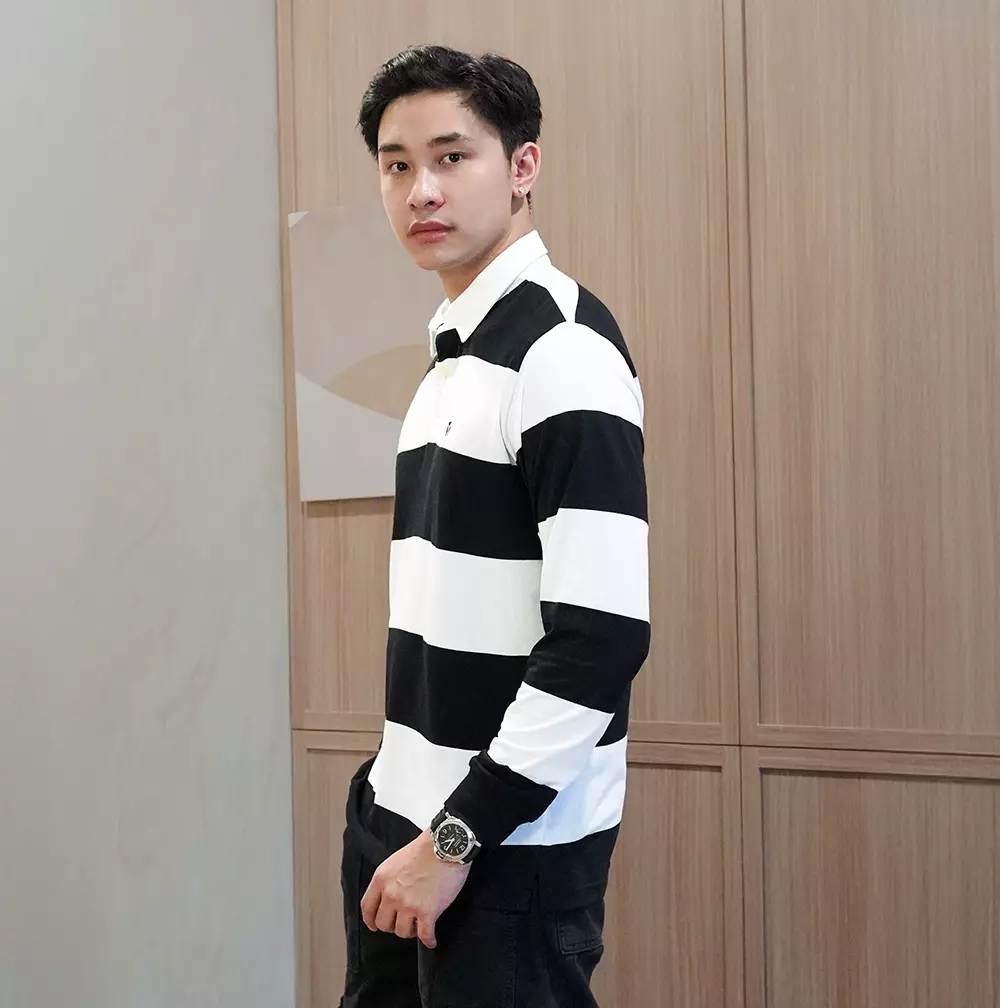 Matsuda Kaos Rugby Polo Shirt Katun Pria Lengan Panjang Nagai Black White