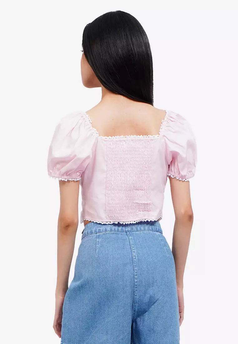 Puff Sleeve Blouse with Lace Trim