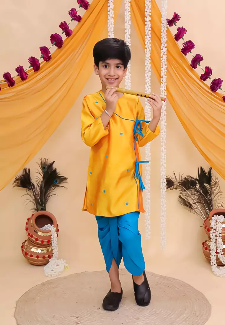 The Mom Store Vrindavan Vibe 刺绣男童 Dhoti 库尔塔套装 - 黄色