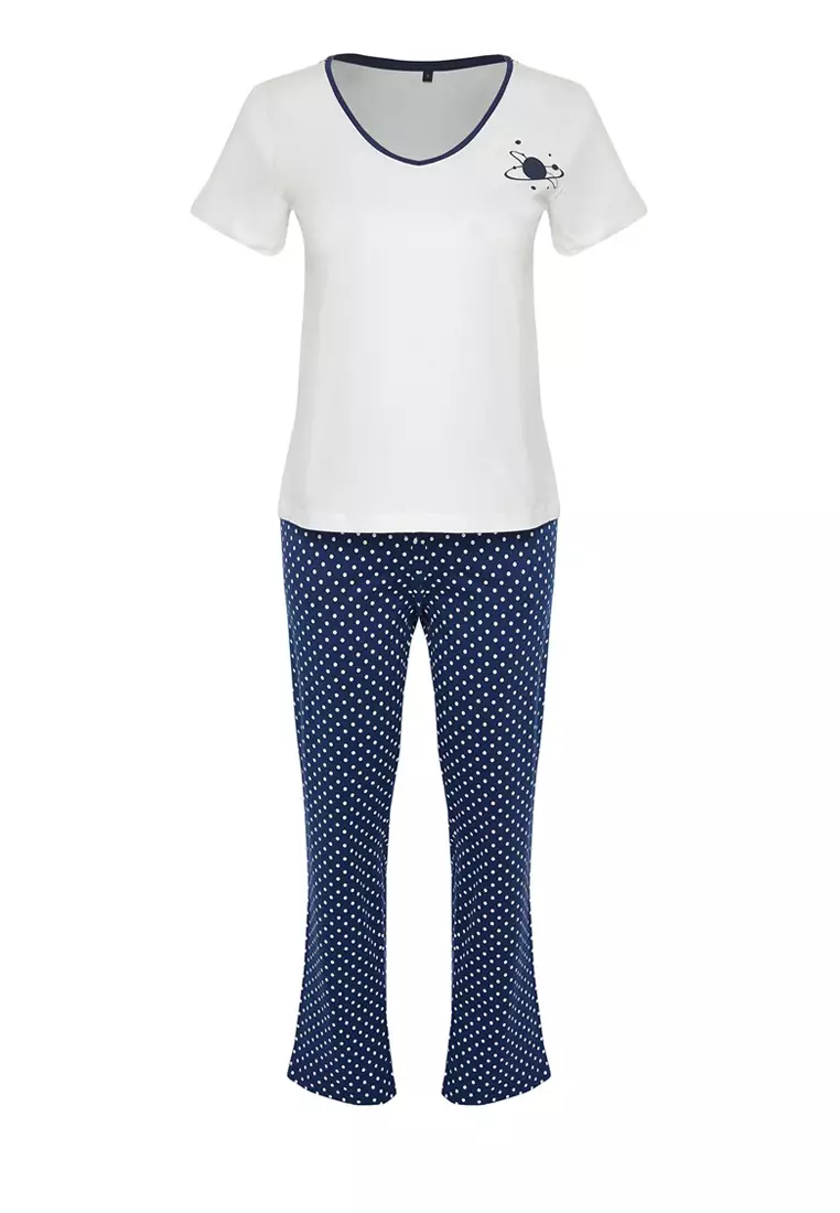 White-Multi Color Cotton Polka Dot Knitted Pajamas Set THMSS24PT00323