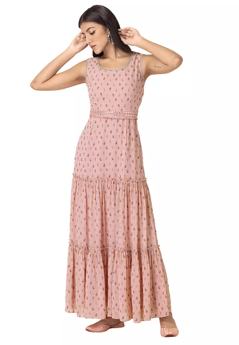 Peach Floral Tiered Belted Maxi Kurta
