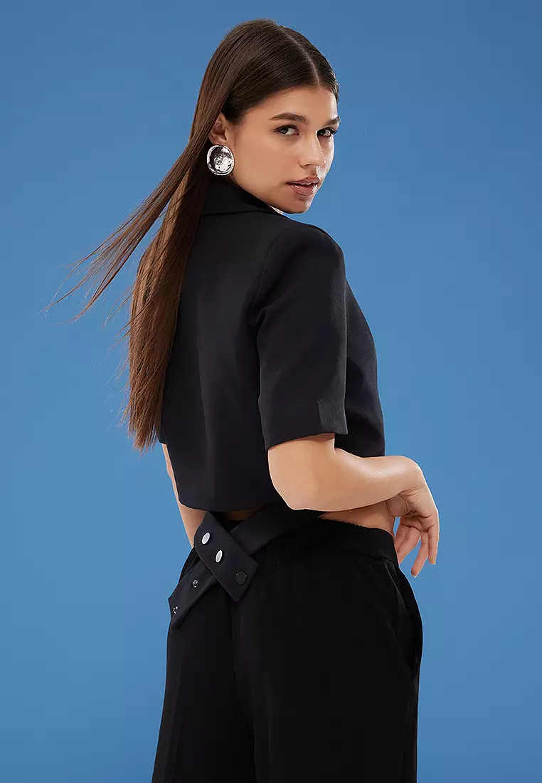 Black Double Breasted Crop Woven Blazer Jacket