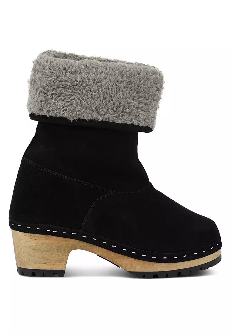 Fur Collared Ankle Clog Boots in Black