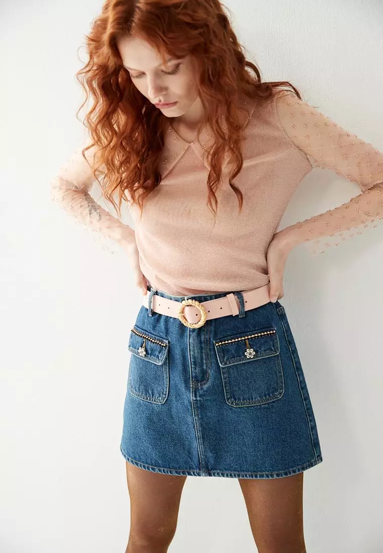 Metallic Nylon Pink Top With Mesh Sleeves