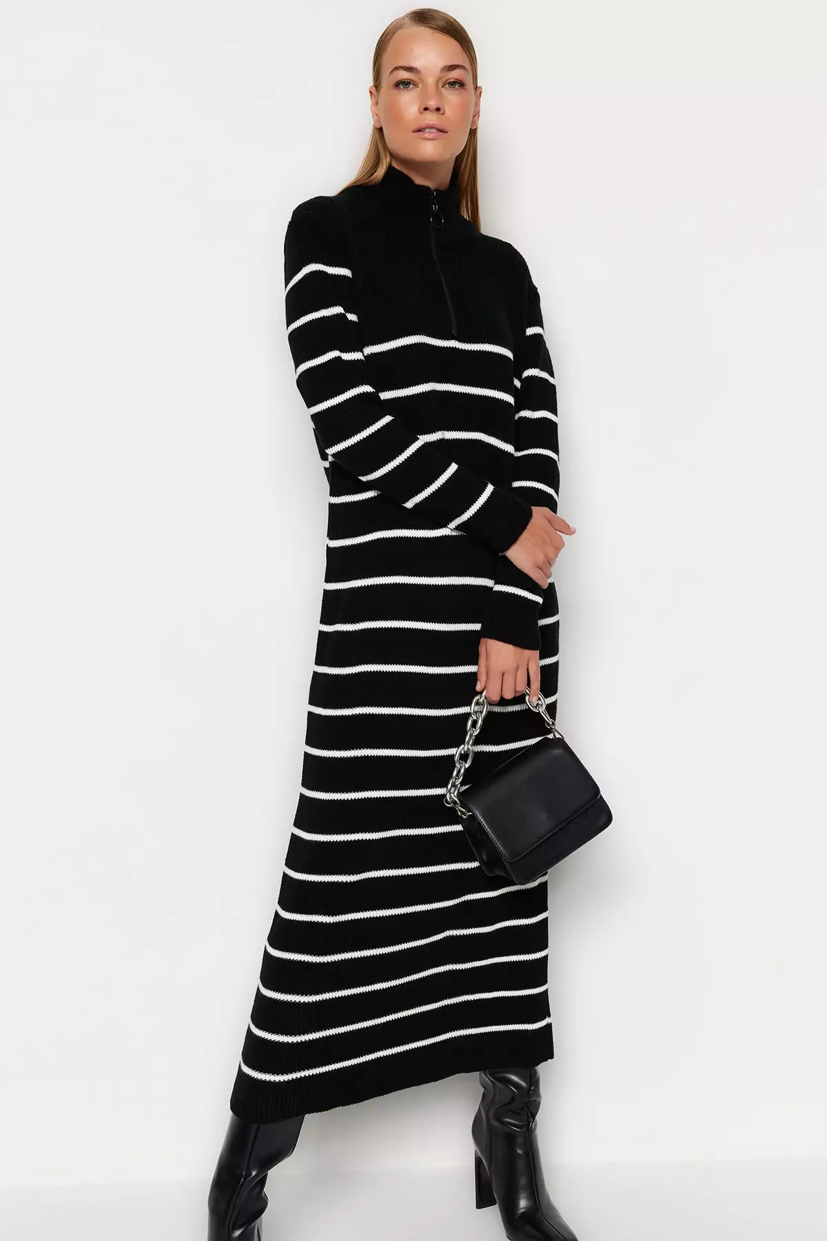 Striped Sweater Dress with Zipper Detail