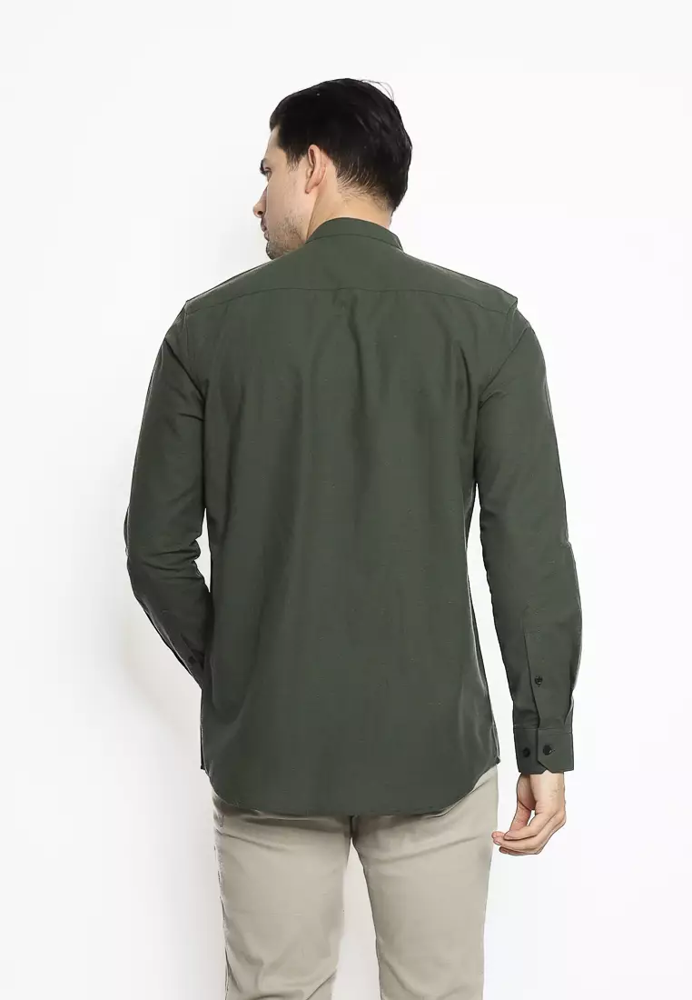 MAGINOT Kemeja Pria KOKO Basic Polos Lengan Panjang BOTTLE GREEN