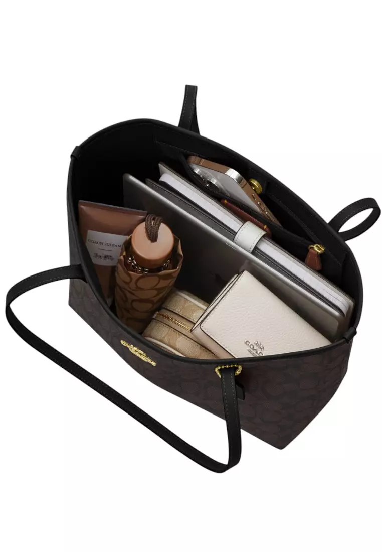 Medium City Tote Bag In Signature Canvas - Walnut/Black