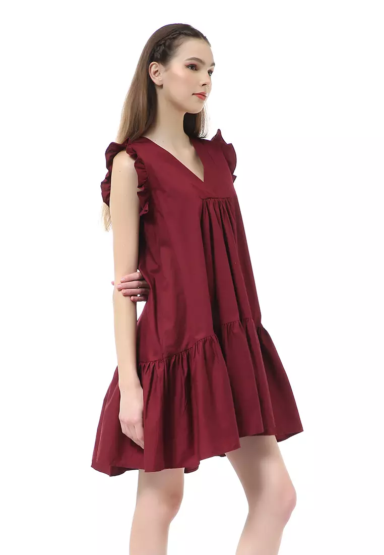 Rachel Mini Dress Ruffle Wanita Lengan Pendek Motif Polos Material Cotton ORIGINAL - Maroon