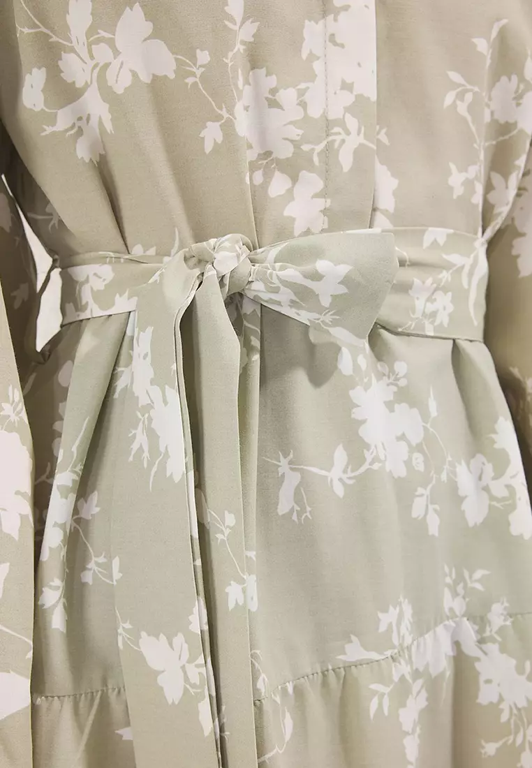 Khaki Stand Collar Floral Belted Poplin Woven Dress Tctss24Eb00153