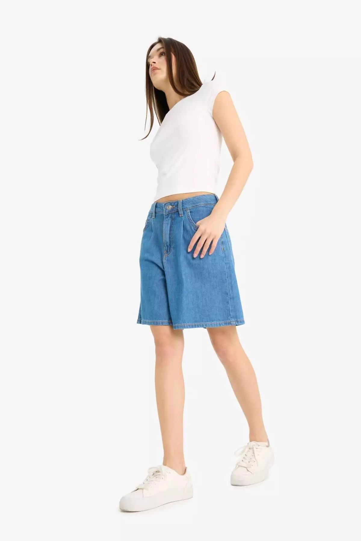 High Waist Straight Leg Soft Jean Bermuda E0961Ax25Sm